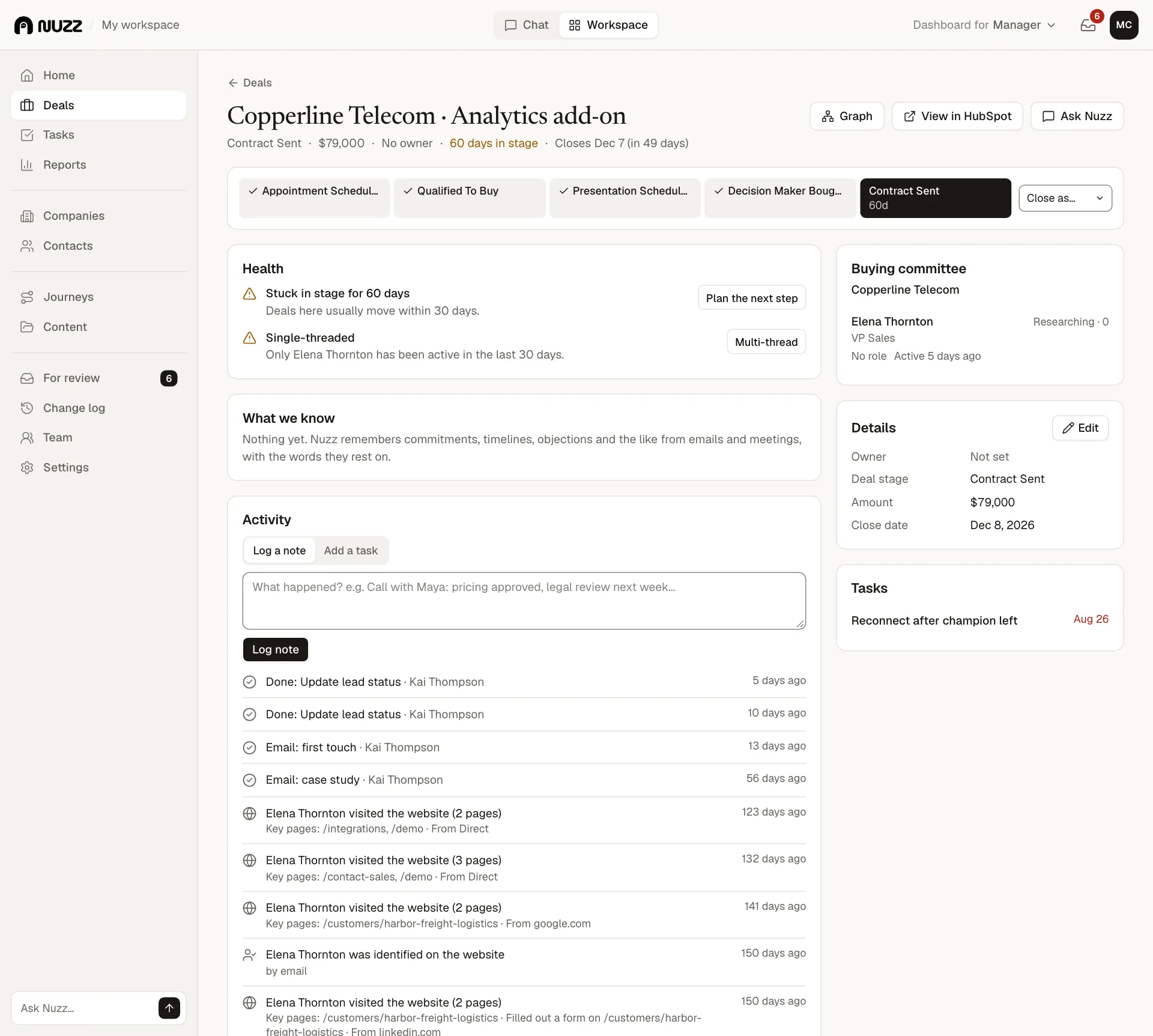 A deal page: path, health, timeline and committee